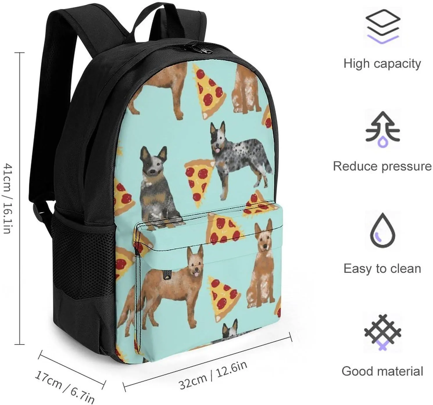 Supdreamc Australian Cattle Dog Pizzas Art Rucksacks Lightweight Multipurpose Anti-Theft Shoulder Bag Big Capacity Traveling & Camping Backpack With Side Pockets