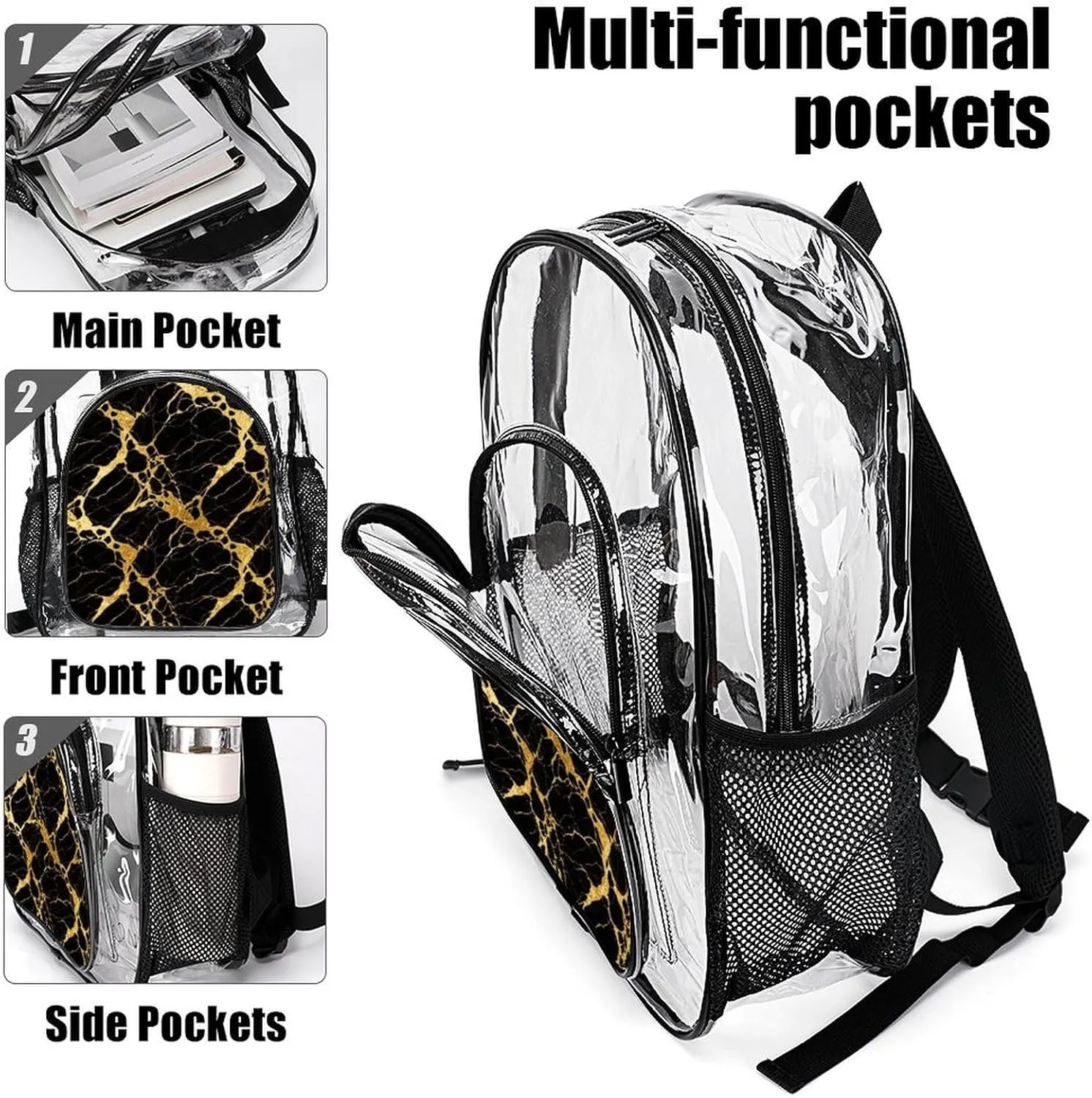 Supdreamc Black Marble Gold Texture Art Rucksacks Lightweight Multipurpose Anti-Theft Shoulder Bag Big Capacity Laptop Book Bag Rucksack Transparent Bag