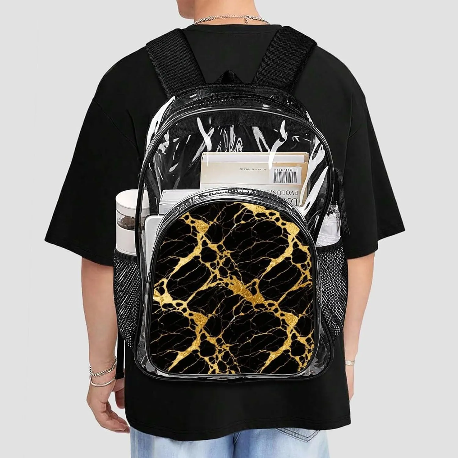 Supdreamc Black Marble Gold Texture Art Rucksacks Lightweight Multipurpose Anti-Theft Shoulder Bag Big Capacity Laptop Book Bag Rucksack Transparent Bag