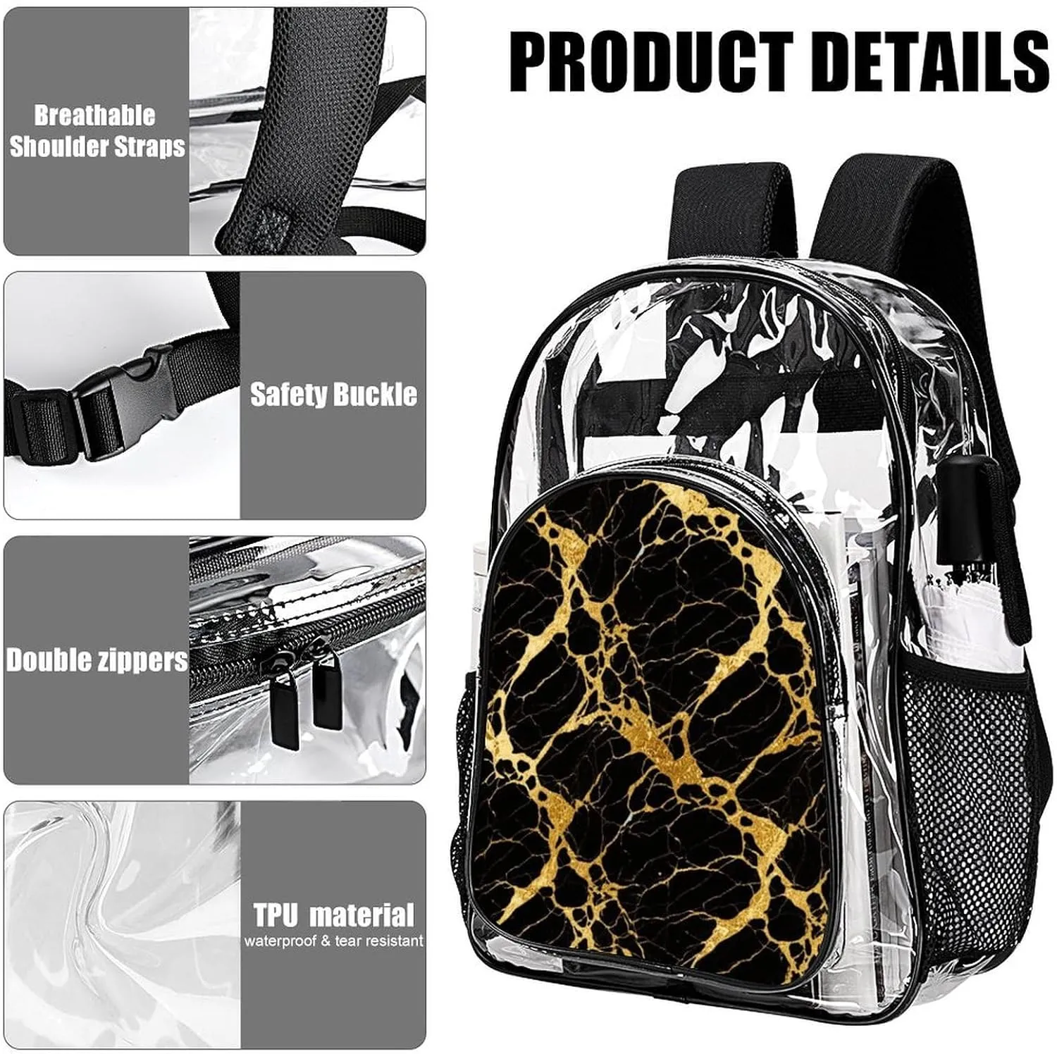 Supdreamc Black Marble Gold Texture Art Rucksacks Lightweight Multipurpose Anti-Theft Shoulder Bag Big Capacity Laptop Book Bag Rucksack Transparent Bag