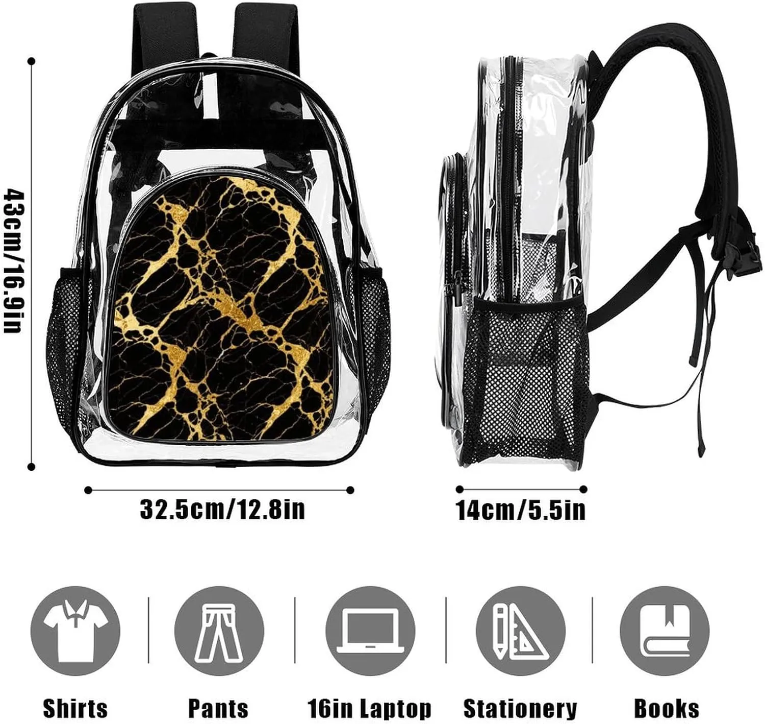 Supdreamc Black Marble Gold Texture Art Rucksacks Lightweight Multipurpose Anti-Theft Shoulder Bag Big Capacity Laptop Book Bag Rucksack Transparent Bag