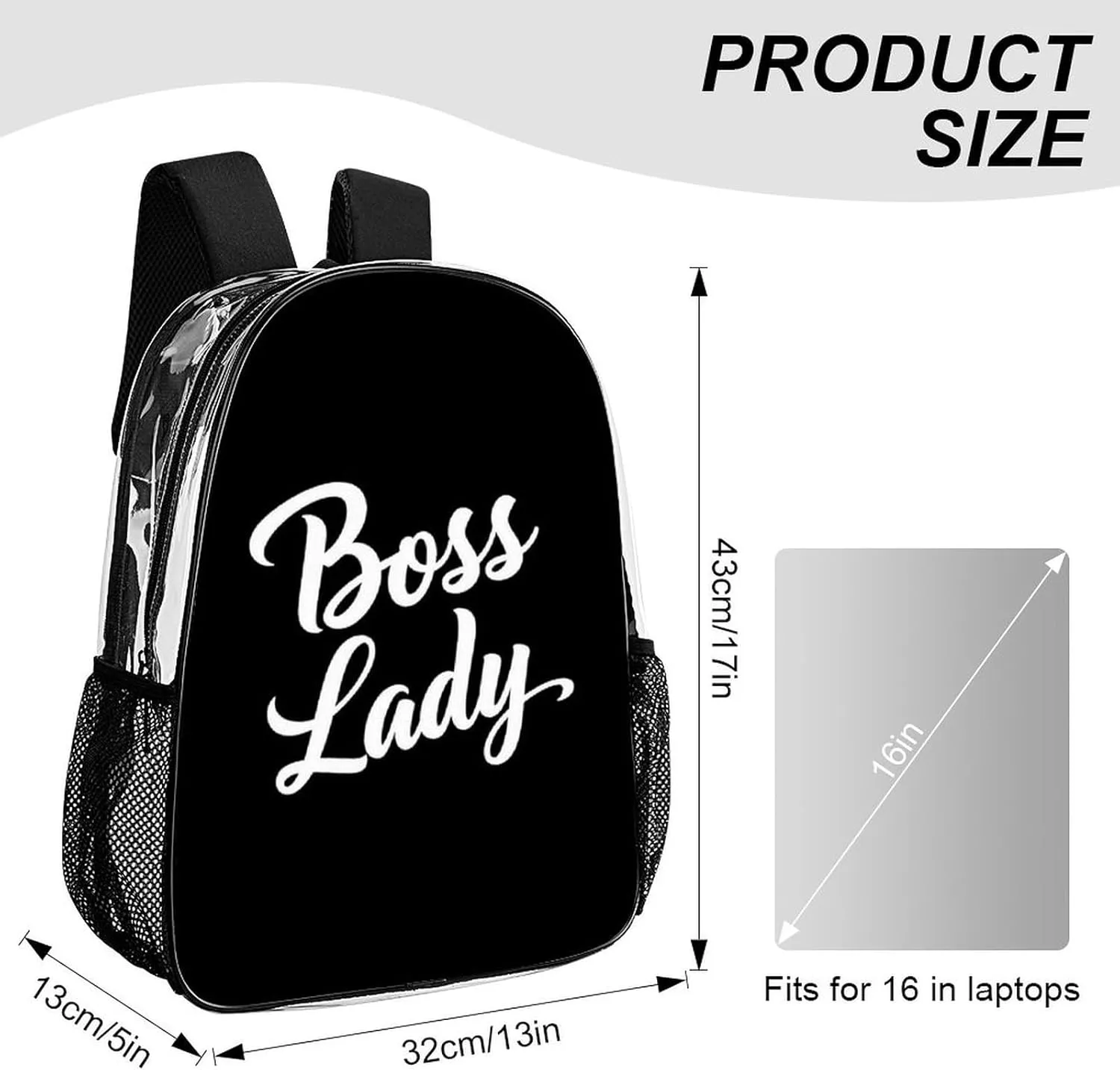 Supdreamc Boss Lady White Black Rucksacks Lightweight Multipurpose Transparent Shoulder Bag Big Capacity Traveling & Camping Backpack With Side Pockets