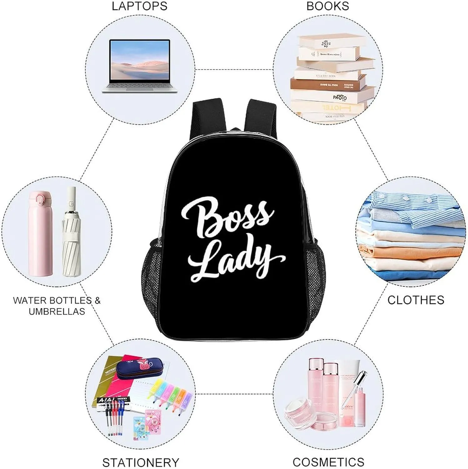 Supdreamc Boss Lady White Black Rucksacks Lightweight Multipurpose Transparent Shoulder Bag Big Capacity Traveling & Camping Backpack With Side Pockets