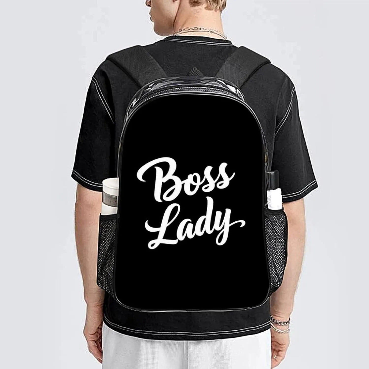 Supdreamc Boss Lady White Black Rucksacks Lightweight Multipurpose Transparent Shoulder Bag Big Capacity Traveling & Camping Backpack With Side Pockets
