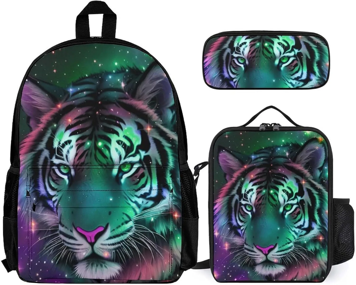 Supdreamc Camping Work Bicycle Backpack Sets Daypack 3 Pcs Multipurpose Anti-Theft Rucksacks Big Capacity Shoulder Bag, Mystic Fantasy Galaxy Sky Fantasy Wild Animals Tiger Art