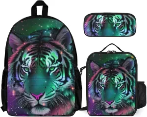 Supdreamc Camping Work Bicycle Backpack Sets Daypack 3 Pcs Multipurpose Anti-Theft Rucksacks Big Capacity Shoulder Bag, Mystic Fantasy Galaxy Sky Fantasy Wild Animals Tiger Art
