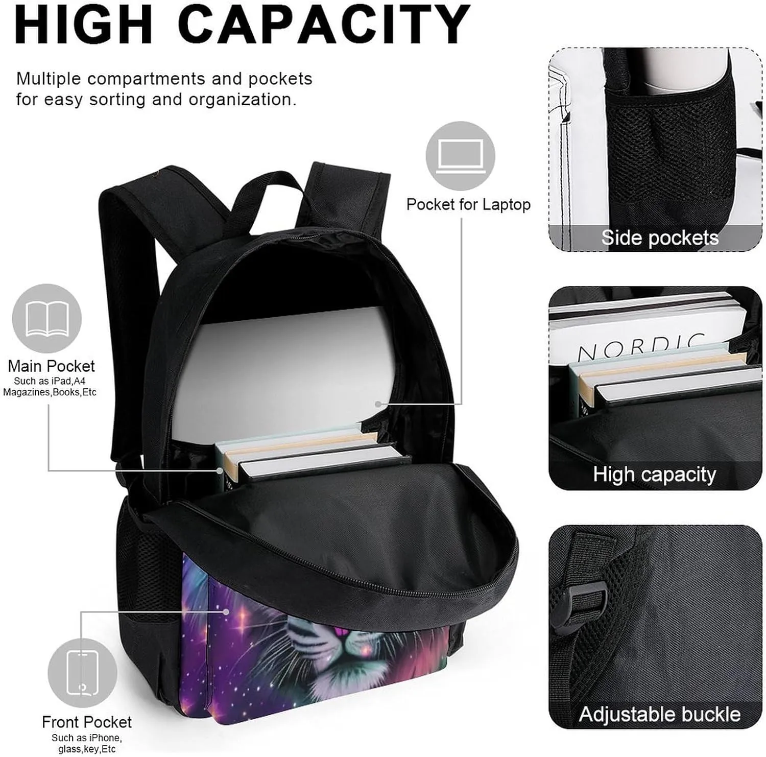 Supdreamc Camping Work Bicycle Backpack Sets Daypack 3 Pcs Multipurpose Anti-Theft Rucksacks Big Capacity Shoulder Bag, Mystic Fantasy Galaxy Sky Fantasy Wild Animals Tiger Art