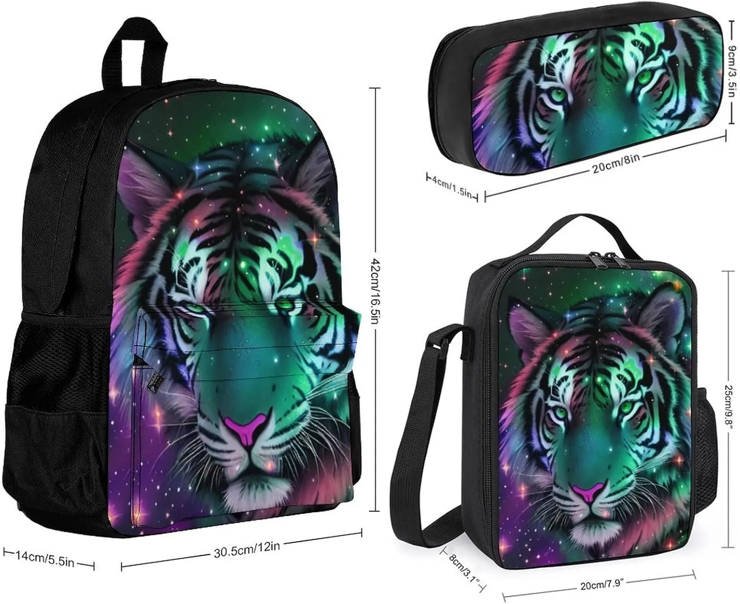 Supdreamc Camping Work Bicycle Backpack Sets Daypack 3 Pcs Multipurpose Anti-Theft Rucksacks Big Capacity Shoulder Bag, Mystic Fantasy Galaxy Sky Fantasy Wild Animals Tiger Art