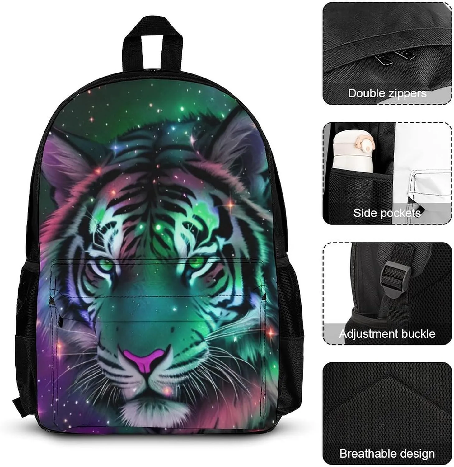 Supdreamc Camping Work Bicycle Backpack Sets Daypack 3 Pcs Multipurpose Anti-Theft Rucksacks Big Capacity Shoulder Bag, Mystic Fantasy Galaxy Sky Fantasy Wild Animals Tiger Art