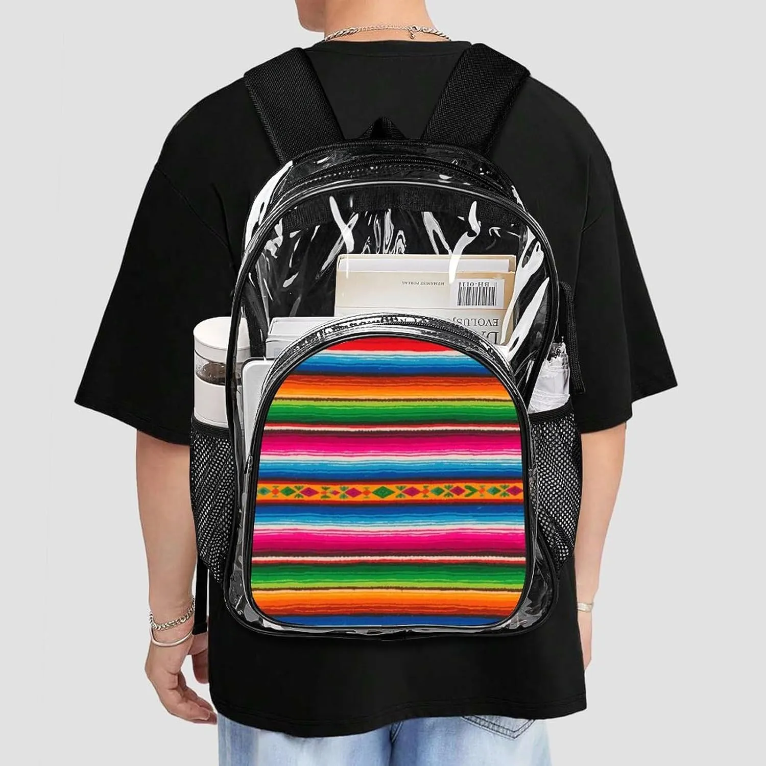Supdreamc Colorful Mexican Blanket Stripes Art Rucksacks Lightweight Multipurpose Anti-Theft Shoulder Bag Big Capacity Laptop Book Bag Rucksack Transparent Bag