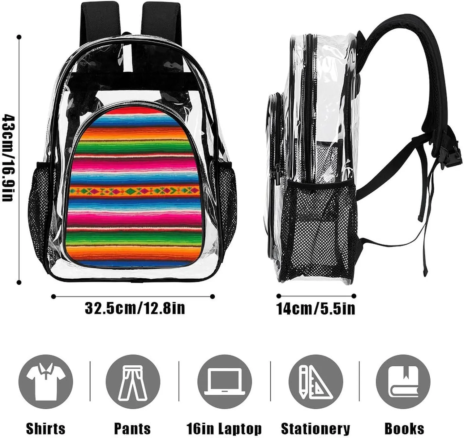 Supdreamc Colorful Mexican Blanket Stripes Art Rucksacks Lightweight Multipurpose Anti-Theft Shoulder Bag Big Capacity Laptop Book Bag Rucksack Transparent Bag