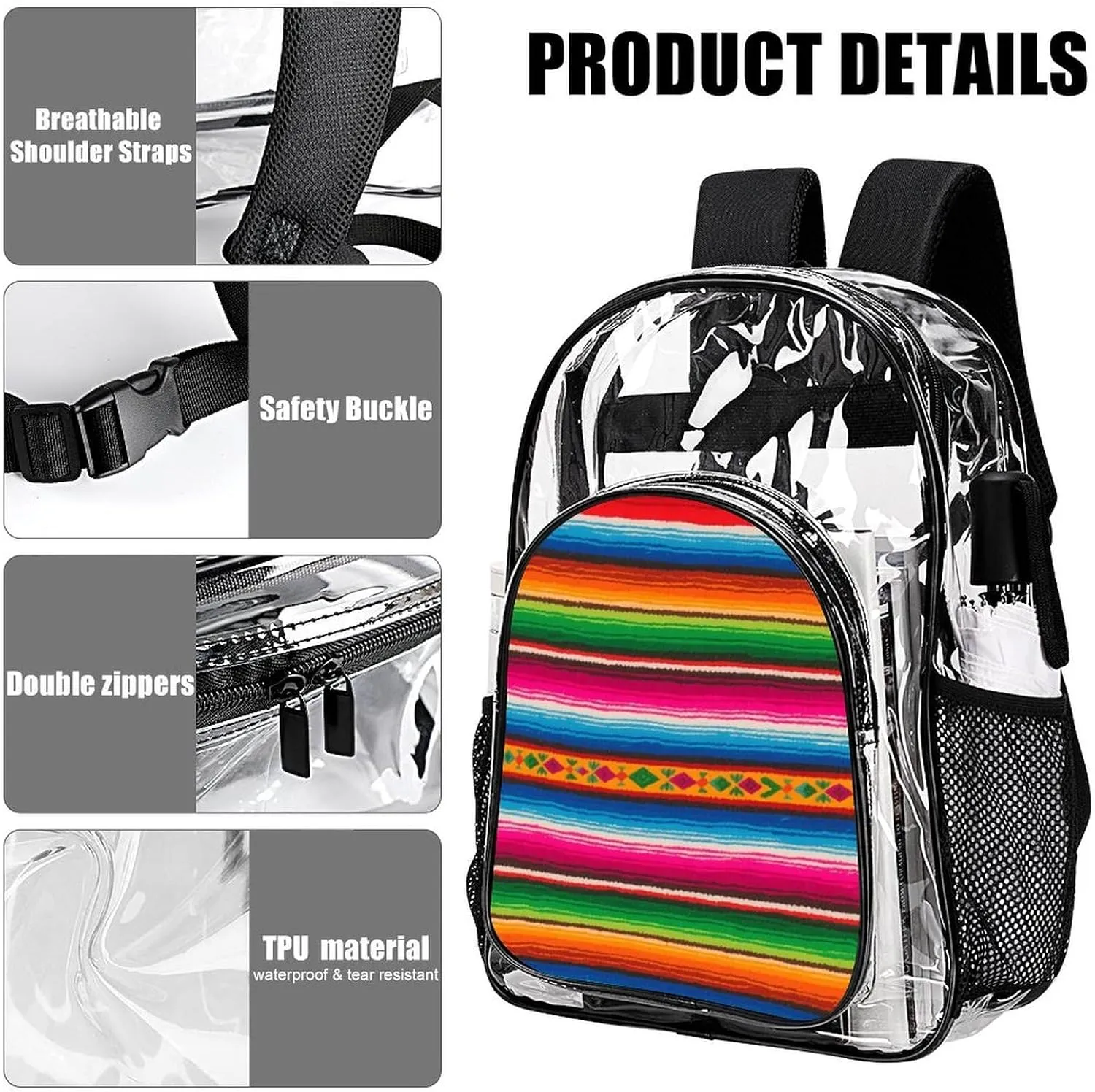 Supdreamc Colorful Mexican Blanket Stripes Art Rucksacks Lightweight Multipurpose Anti-Theft Shoulder Bag Big Capacity Laptop Book Bag Rucksack Transparent Bag