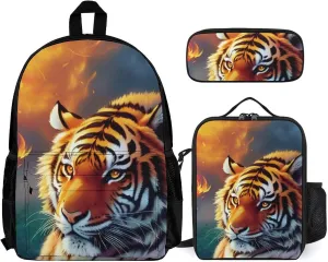 Supdreamc Daypack Backpack Sets, Rucksacks   Lunch Bag   Pencil Case, Wild And Angry Tiger Fire Flame Brave Mammal King Roar Art Travel Hiking & Camping Rucksack for College Men and Women