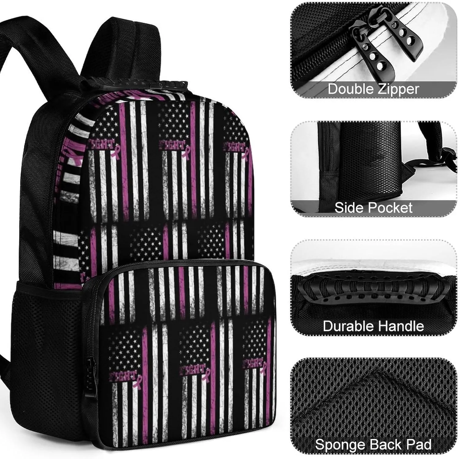 Supdreamc Fight Breast Cancer Pink Pattern Rucksacks Durable Polyester Anti-Theft Multipurpose Carry On Bag Large Capacity Gym Outdoor Hiking Backpack With Smooth Zippers