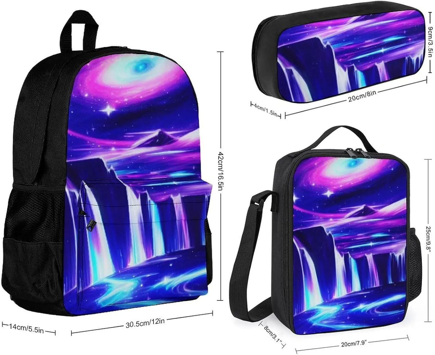 Supdreamc Galaxy Space Art Backpack Sets Daypack 3 Piece Multipurpose Rucksacks Lunch Bag Pencil Case Big Capacity Carry On Bag, One Size