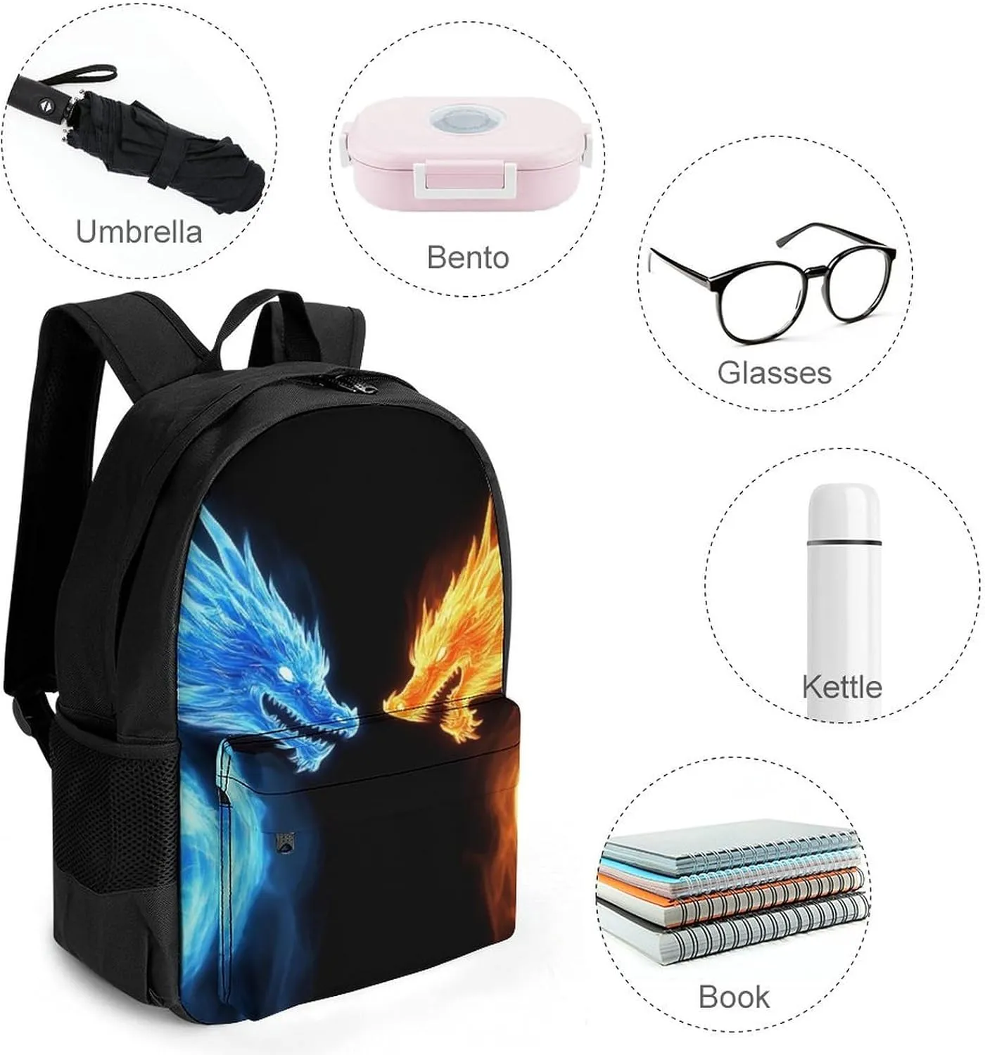 Supdreamc Ice Blue And Red Fire Flame Dragon Rucksacks Lightweight Multipurpose Anti-Theft Shoulder Bag Large Capacity Business Computer Bag With Smooth Zippers