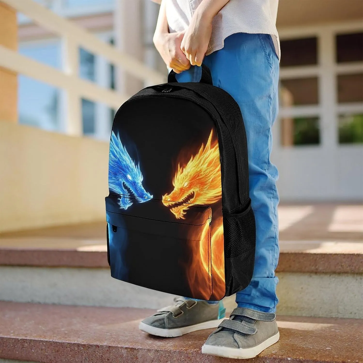 Supdreamc Ice Blue And Red Fire Flame Dragon Rucksacks Lightweight Multipurpose Anti-Theft Shoulder Bag Large Capacity Business Computer Bag With Smooth Zippers