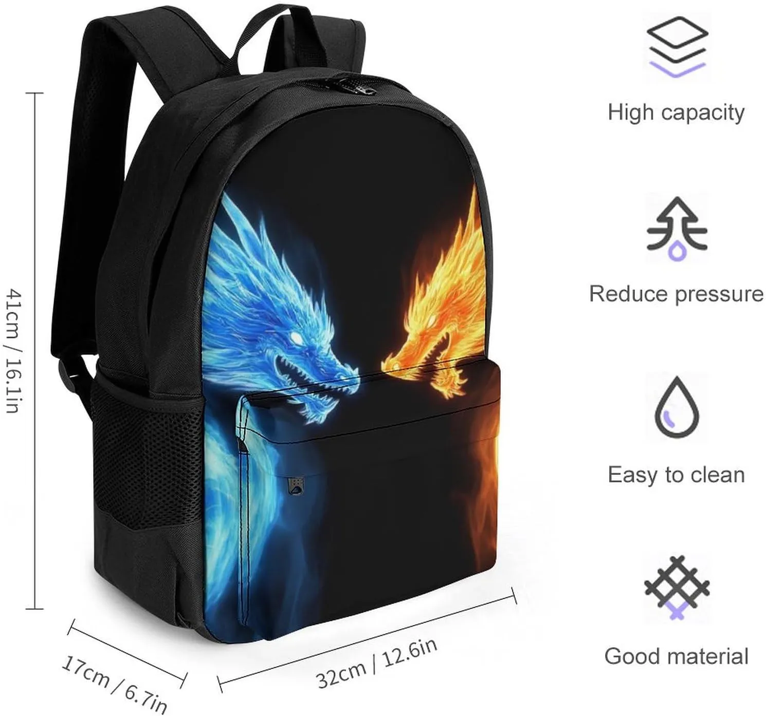 Supdreamc Ice Blue And Red Fire Flame Dragon Rucksacks Lightweight Multipurpose Anti-Theft Shoulder Bag Large Capacity Business Computer Bag With Smooth Zippers