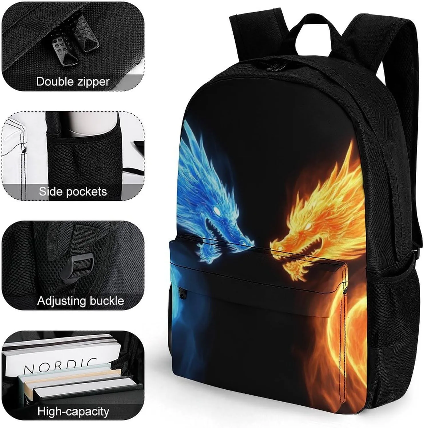 Supdreamc Ice Blue And Red Fire Flame Dragon Rucksacks Lightweight Multipurpose Anti-Theft Shoulder Bag Large Capacity Business Computer Bag With Smooth Zippers