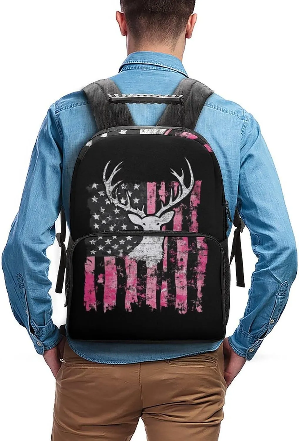Supdreamc Lightweight Rucksacks for Climbing Outdoors Walking Cycling - Large Capacity Anti-Theft Multipurpose Carry On Bag, American Flag Camo Deer Hunting Pink Camouflage Camping Outdoor Backpack