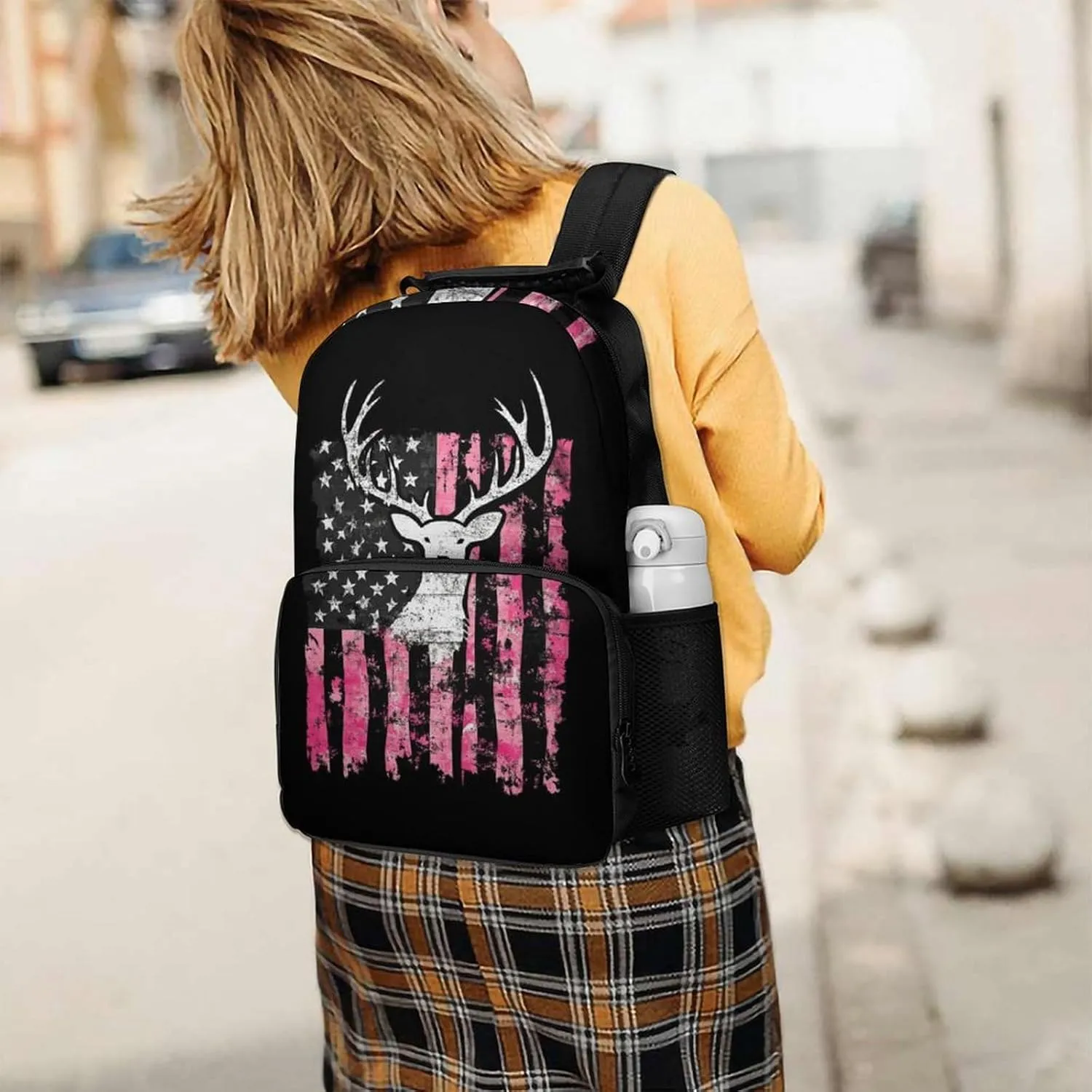 Supdreamc Lightweight Rucksacks for Climbing Outdoors Walking Cycling - Large Capacity Anti-Theft Multipurpose Carry On Bag, American Flag Camo Deer Hunting Pink Camouflage Camping Outdoor Backpack