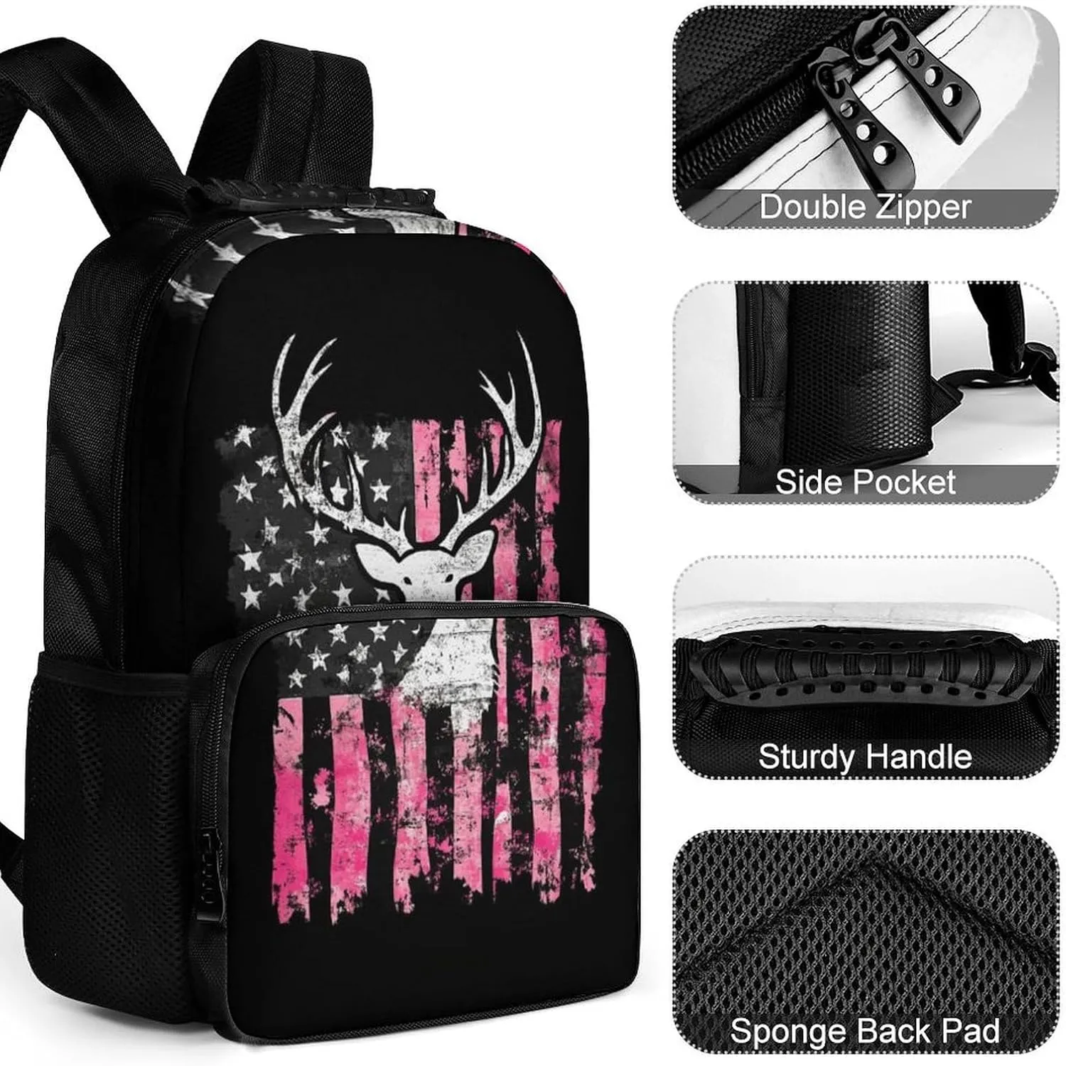 Supdreamc Lightweight Rucksacks for Climbing Outdoors Walking Cycling - Large Capacity Anti-Theft Multipurpose Carry On Bag, American Flag Camo Deer Hunting Pink Camouflage Camping Outdoor Backpack