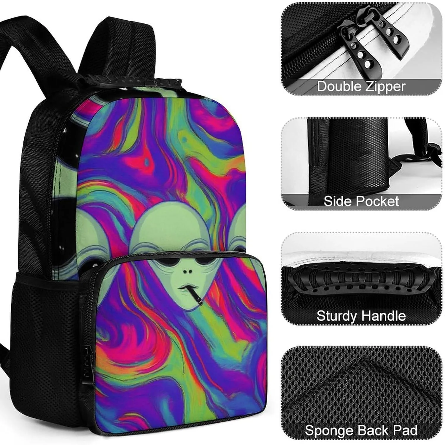 Supdreamc Lightweight Rucksacks for Climbing Outdoors Walking Cycling - Large Capacity Anti-Theft Multipurpose Carry On Bag, Cool Funny Alien Tie Dye Camping Outdoor Backpack