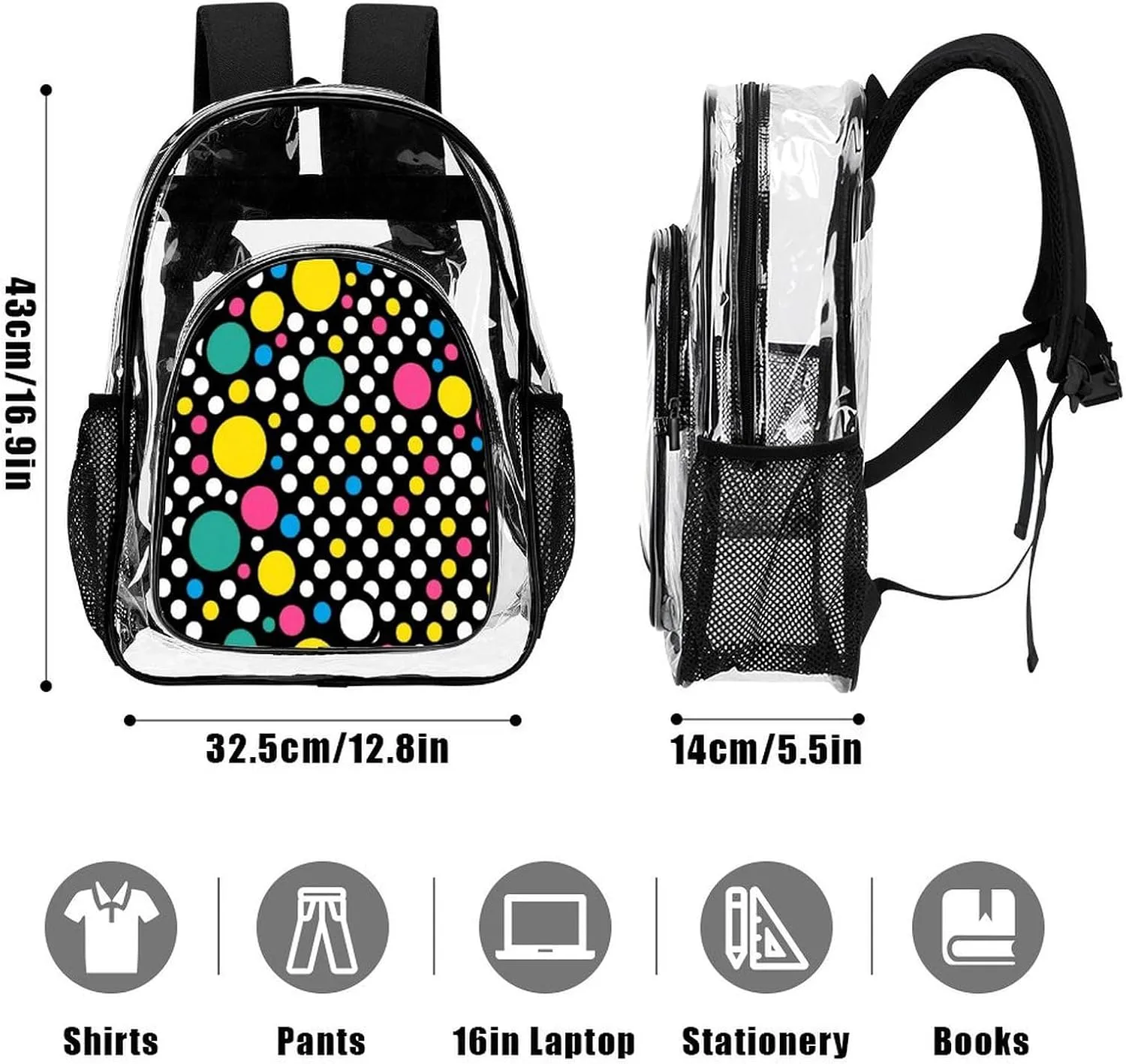 Supdreamc Lightweight Rucksacks for Climbing Outdoors Walking Cycling - Large Capacity Transparent Multipurpose Carry On Bag, Colorful Polka Dot Art Camping Outdoor Backpack