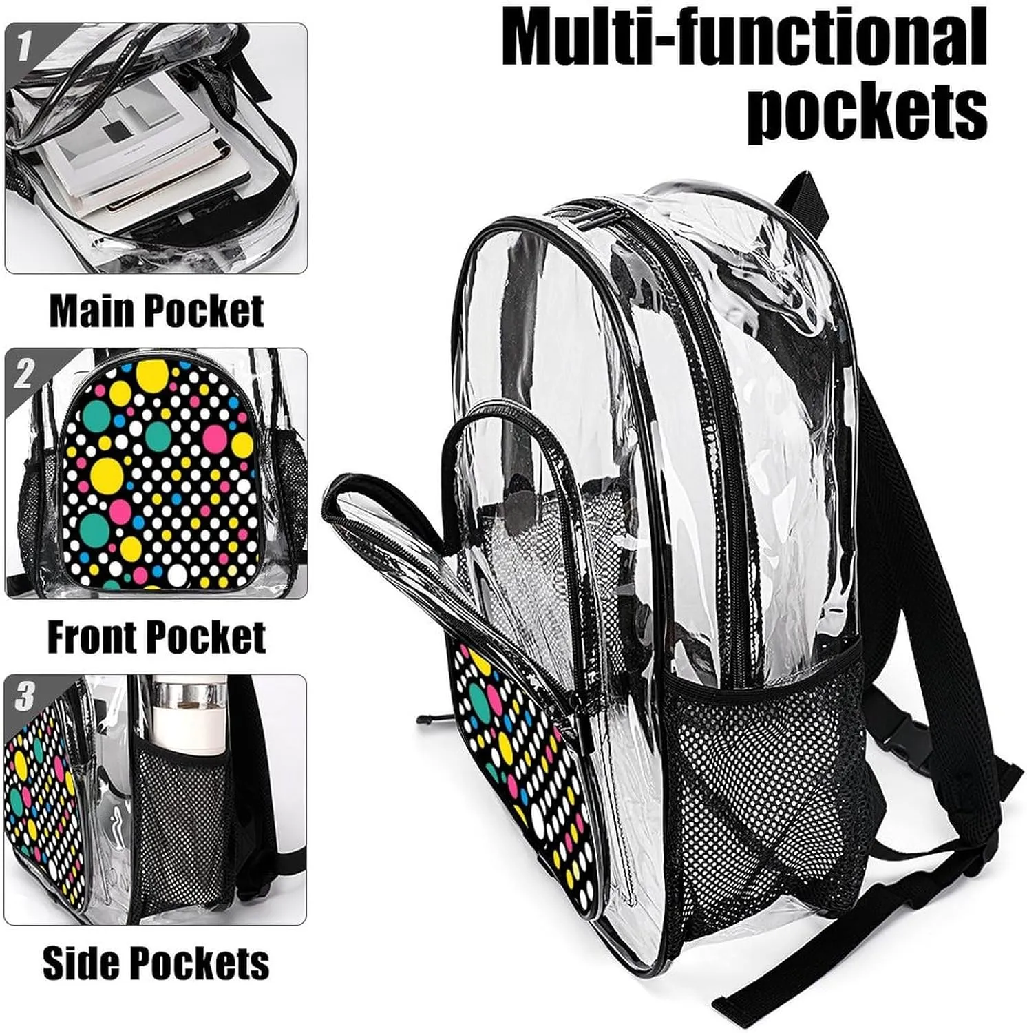 Supdreamc Lightweight Rucksacks for Climbing Outdoors Walking Cycling - Large Capacity Transparent Multipurpose Carry On Bag, Colorful Polka Dot Art Camping Outdoor Backpack