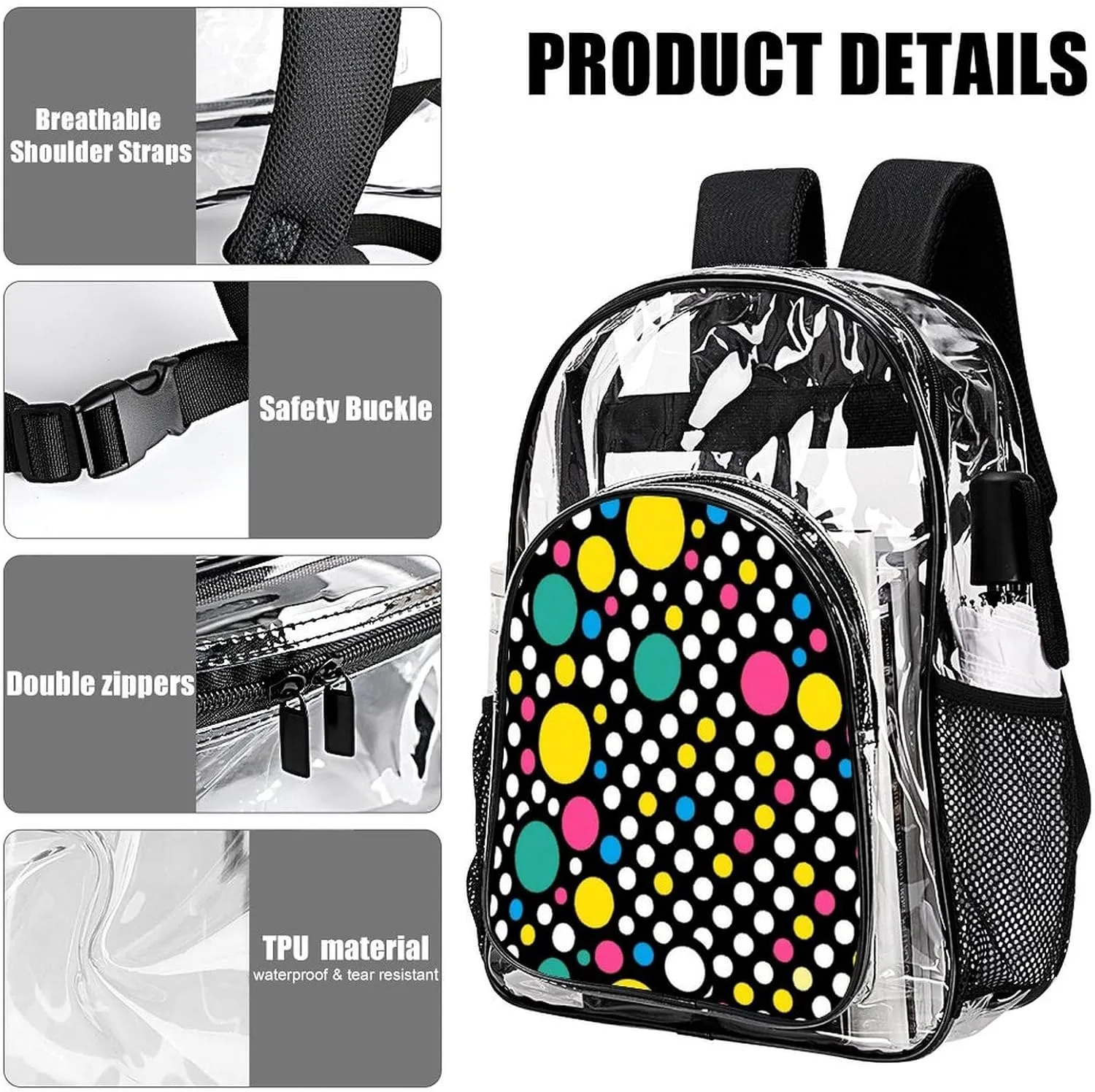 Supdreamc Lightweight Rucksacks for Climbing Outdoors Walking Cycling - Large Capacity Transparent Multipurpose Carry On Bag, Colorful Polka Dot Art Camping Outdoor Backpack