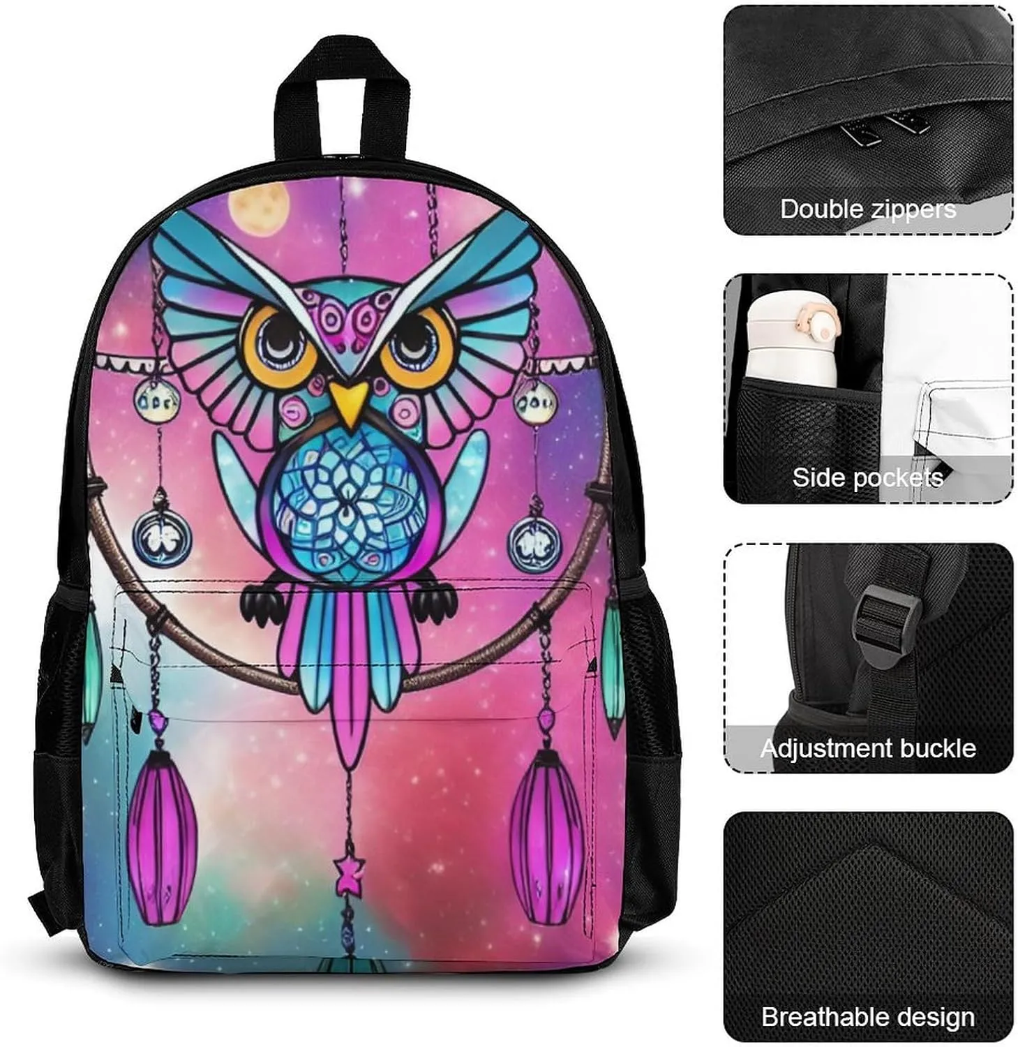 Supdreamc Shoulder Book Bags Sets, Rucksacks   Lunch Bag   Pencil Case for Camping Picnic Cycling, Blue And Pink Owl Wind Chimes Space Galaxy Art Camping Outdoor Backpack for Men & Women