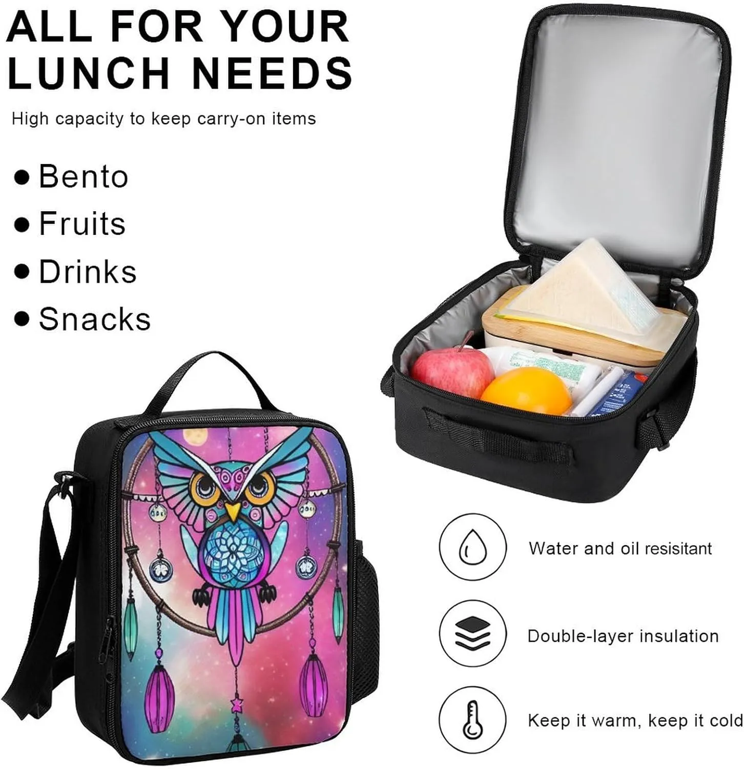 Supdreamc Shoulder Book Bags Sets, Rucksacks   Lunch Bag   Pencil Case for Camping Picnic Cycling, Blue And Pink Owl Wind Chimes Space Galaxy Art Camping Outdoor Backpack for Men & Women