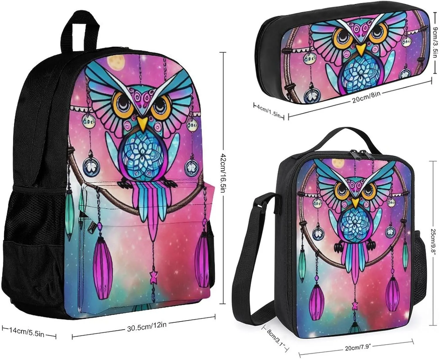 Supdreamc Shoulder Book Bags Sets, Rucksacks   Lunch Bag   Pencil Case for Camping Picnic Cycling, Blue And Pink Owl Wind Chimes Space Galaxy Art Camping Outdoor Backpack for Men & Women
