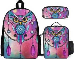 Supdreamc Shoulder Book Bags Sets, Rucksacks   Lunch Bag   Pencil Case for Camping Picnic Cycling, Blue And Pink Owl Wind Chimes Space Galaxy Art Camping Outdoor Backpack for Men & Women