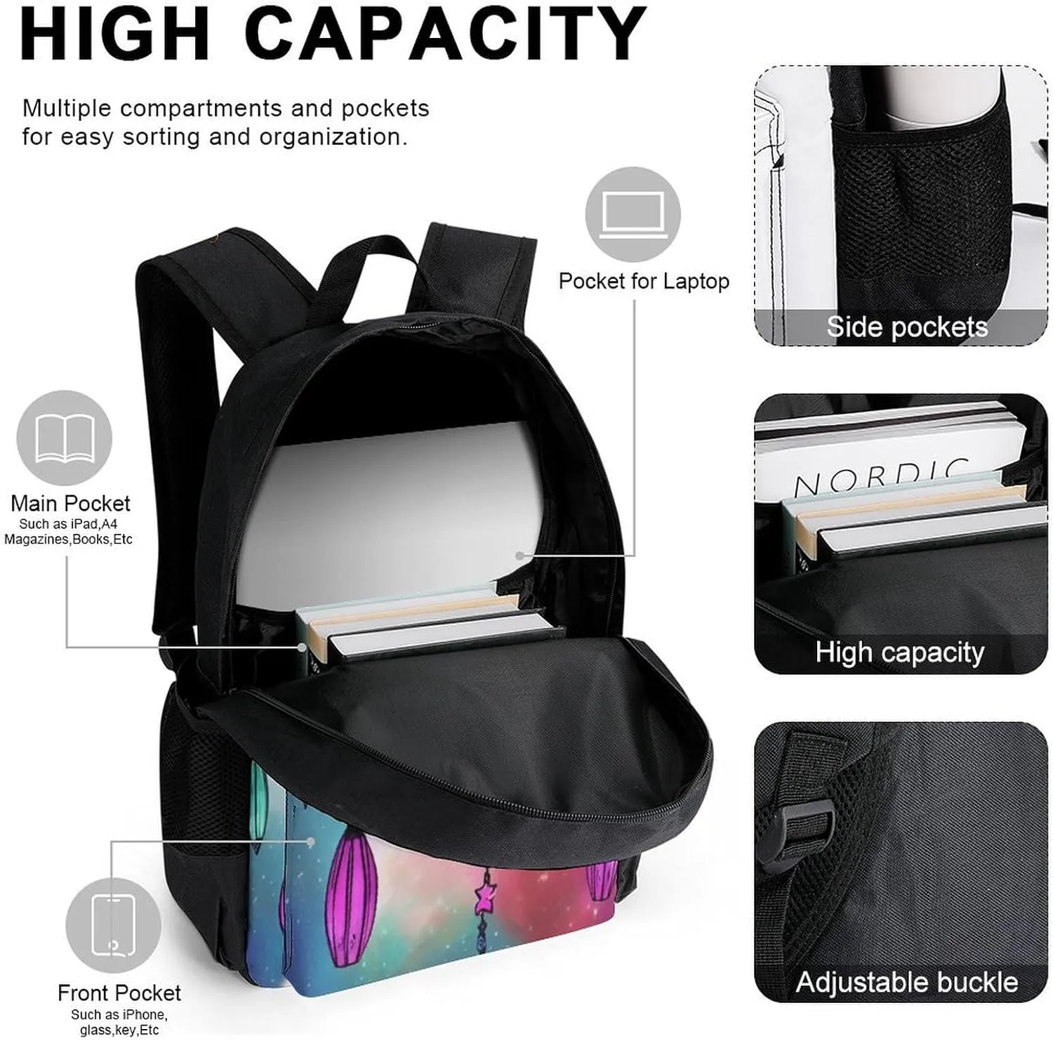 Supdreamc Shoulder Book Bags Sets, Rucksacks   Lunch Bag   Pencil Case for Camping Picnic Cycling, Blue And Pink Owl Wind Chimes Space Galaxy Art Camping Outdoor Backpack for Men & Women