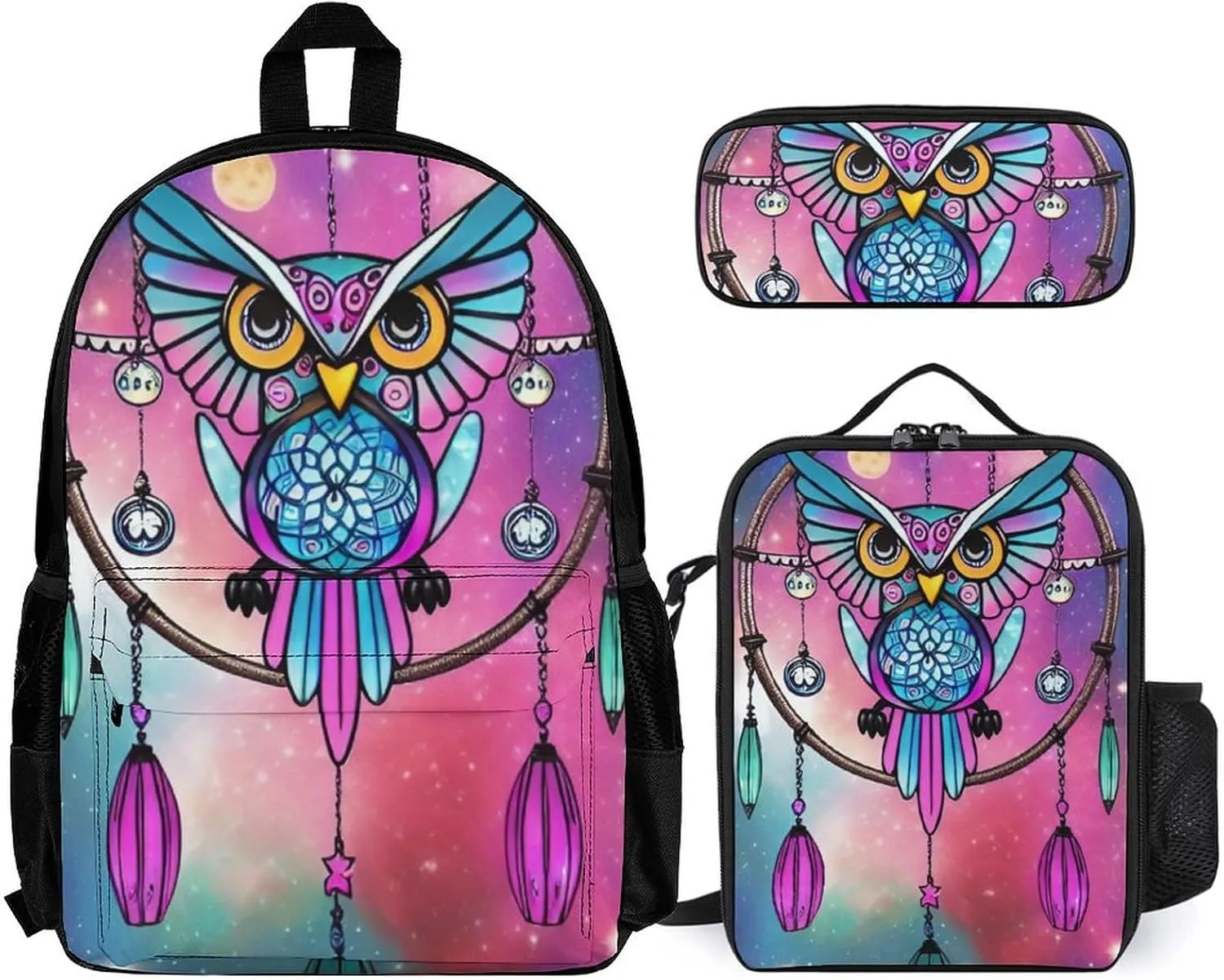 Supdreamc Shoulder Book Bags Sets, Rucksacks   Lunch Bag   Pencil Case for Camping Picnic Cycling, Blue And Pink Owl Wind Chimes Space Galaxy Art Camping Outdoor Backpack for Men & Women