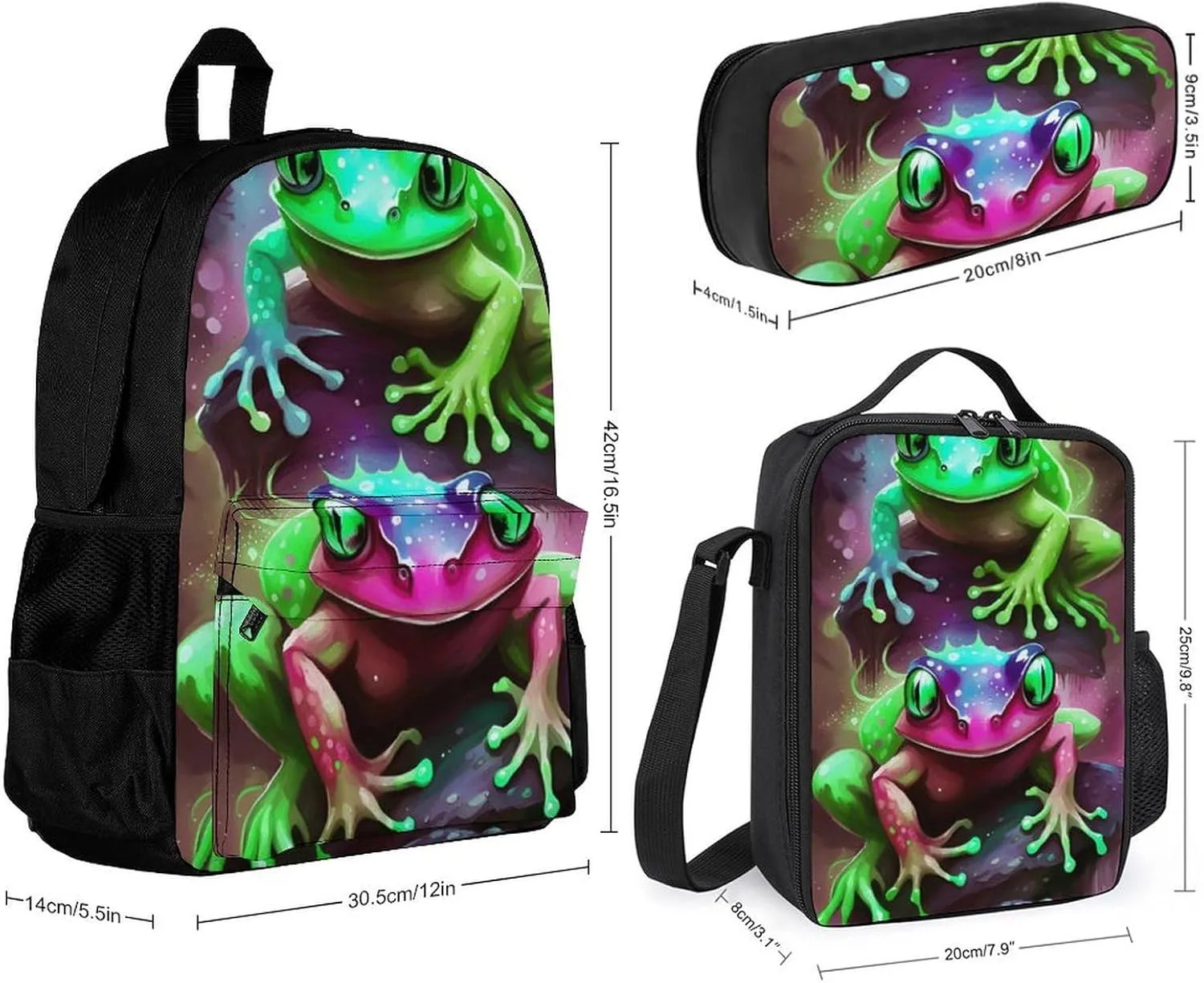 Supdreamc Shoulder Book Bags Sets, Rucksacks   Lunch Bag   Pencil Case for Camping Picnic Cycling, Watercolor Frogs Art Camping Outdoor Backpack for Men & Women