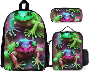 Supdreamc Shoulder Book Bags Sets, Rucksacks   Lunch Bag   Pencil Case for Camping Picnic Cycling, Watercolor Frogs Art Camping Outdoor Backpack for Men & Women