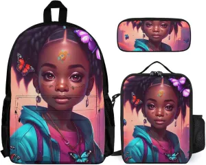 Supdreamc Shoulder Book Bags Sets, Rucksacks   Lunch Bag   Pencil Case for Sports Outdoors Cycling, African American Women Black Woman Butterfly Flower Art Camping Outdoor Backpack for Men Women