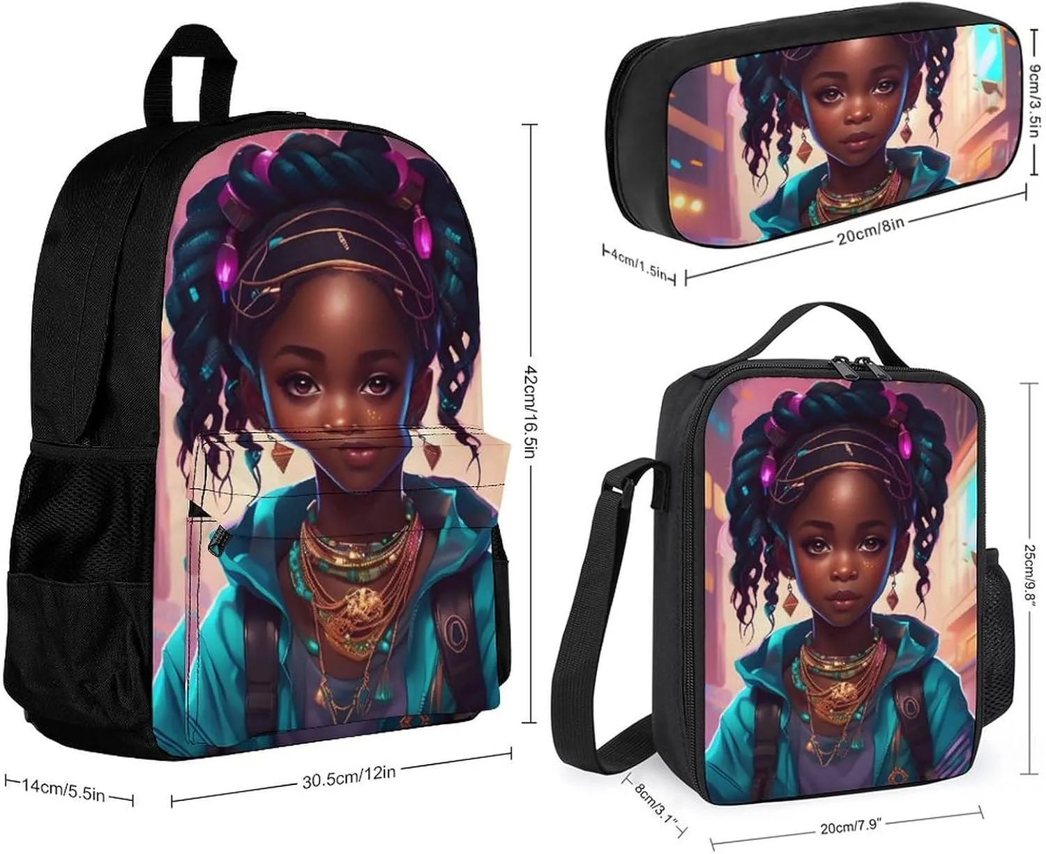 Supdreamc Shoulder Book Bags Sets, Rucksacks   Lunch Bag   Pencil Case for Travel Running, Afro Women African American Black Woman Art Travel Hiking Bag & Day Pack for Men & Women