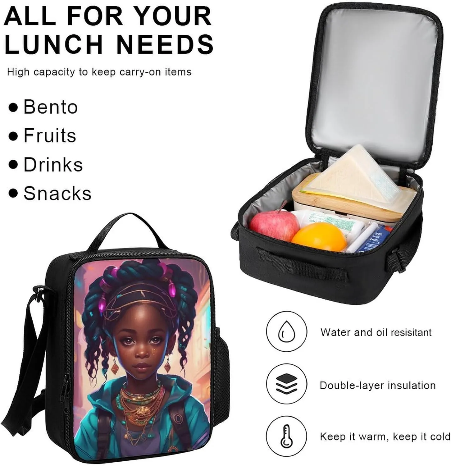 Supdreamc Shoulder Book Bags Sets, Rucksacks   Lunch Bag   Pencil Case for Travel Running, Afro Women African American Black Woman Art Travel Hiking Bag & Day Pack for Men & Women