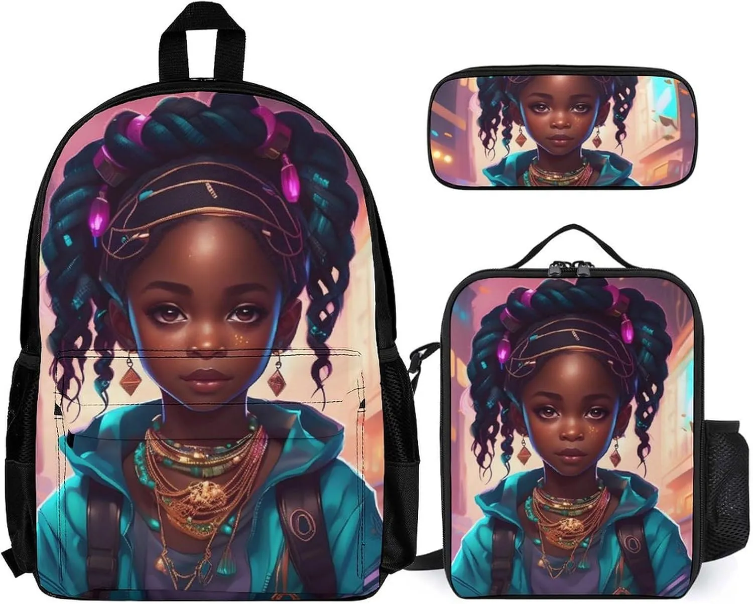 Supdreamc Shoulder Book Bags Sets, Rucksacks   Lunch Bag   Pencil Case for Travel Running, Afro Women African American Black Woman Art Travel Hiking Bag & Day Pack for Men & Women