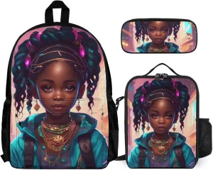 Supdreamc Shoulder Book Bags Sets, Rucksacks   Lunch Bag   Pencil Case for Travel Running, Afro Women African American Black Woman Art Travel Hiking Bag & Day Pack for Men & Women