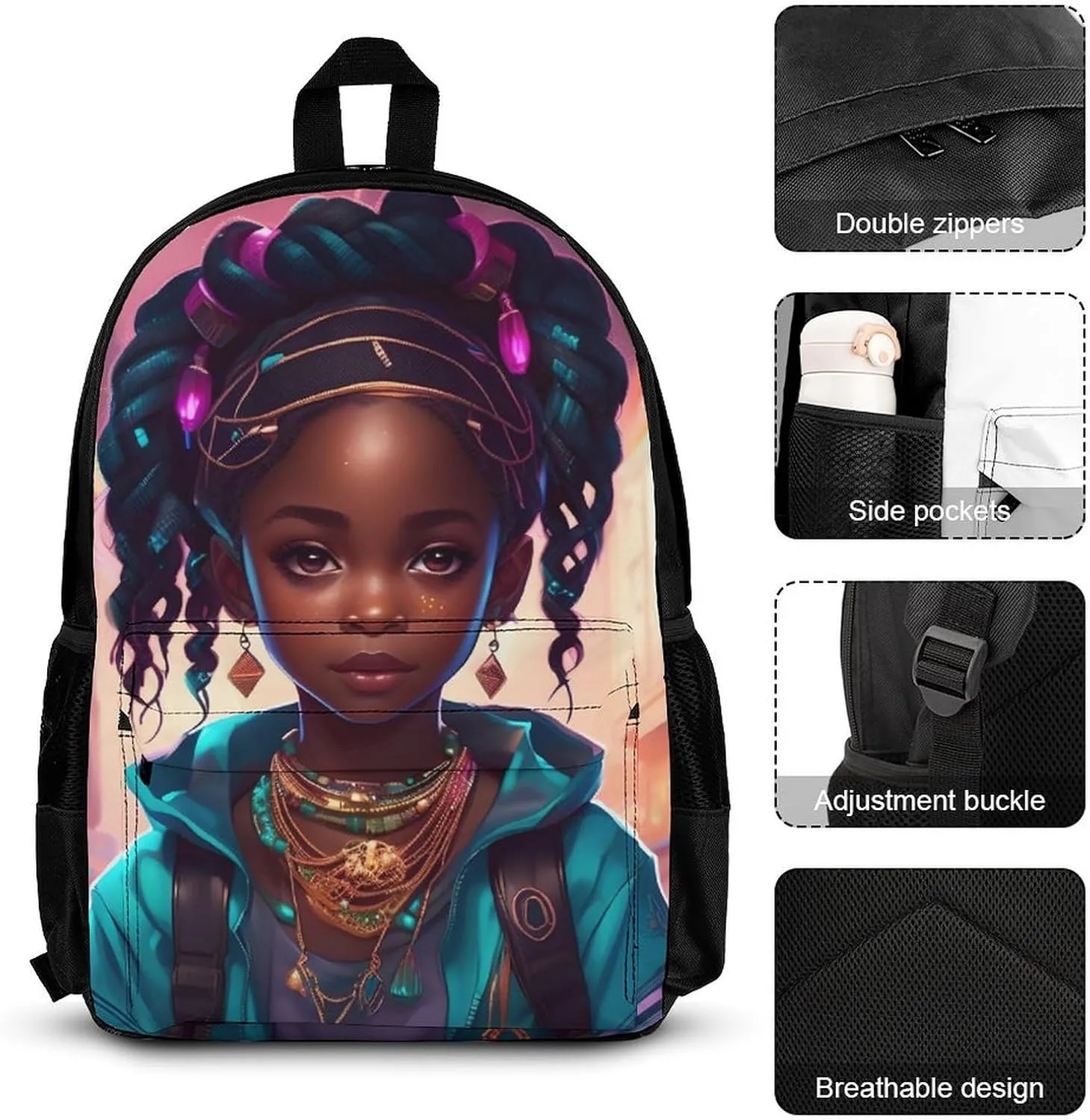 Supdreamc Shoulder Book Bags Sets, Rucksacks   Lunch Bag   Pencil Case for Travel Running, Afro Women African American Black Woman Art Travel Hiking Bag & Day Pack for Men & Women