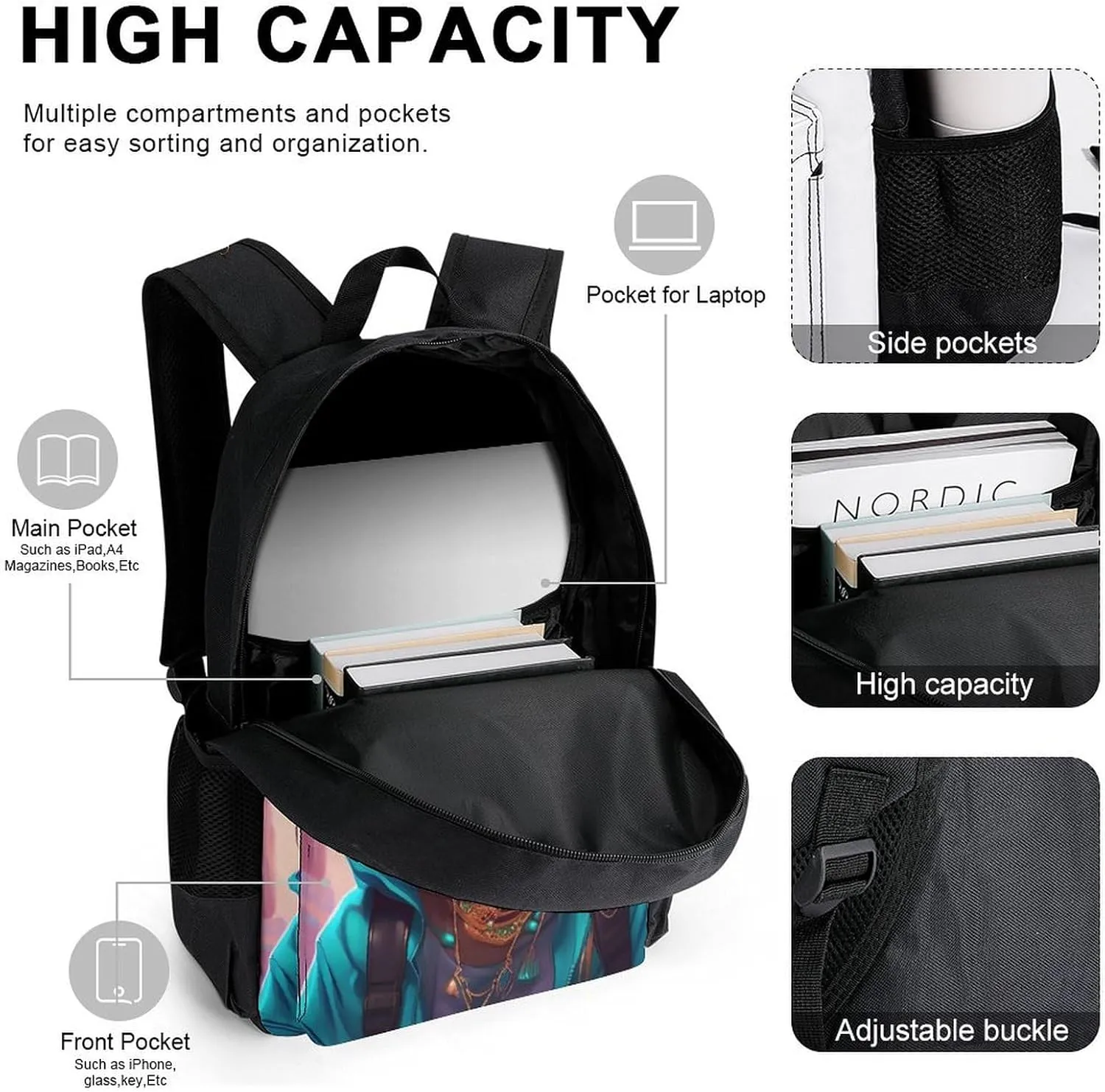 Supdreamc Shoulder Book Bags Sets, Rucksacks   Lunch Bag   Pencil Case for Travel Running, Afro Women African American Black Woman Art Travel Hiking Bag & Day Pack for Men & Women