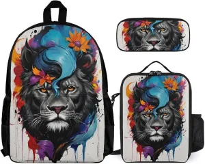 Supdreamc Shoulder Book Bags Sets, Rucksacks   Lunch Bag   Pencil Case for Travel Running, Lion With Colorful Florals Travel Hiking Bag & Day Pack for Men & Women