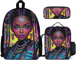 Supdreamc Travel Hiking Backpack 3 Piece Daypack Sets Shoulder Bag Rucksacks Stylish Afro American Woman Cartoon Woman Art 3 Piece College Daypack   Lunch Bag   Pencil Bag, One Size
