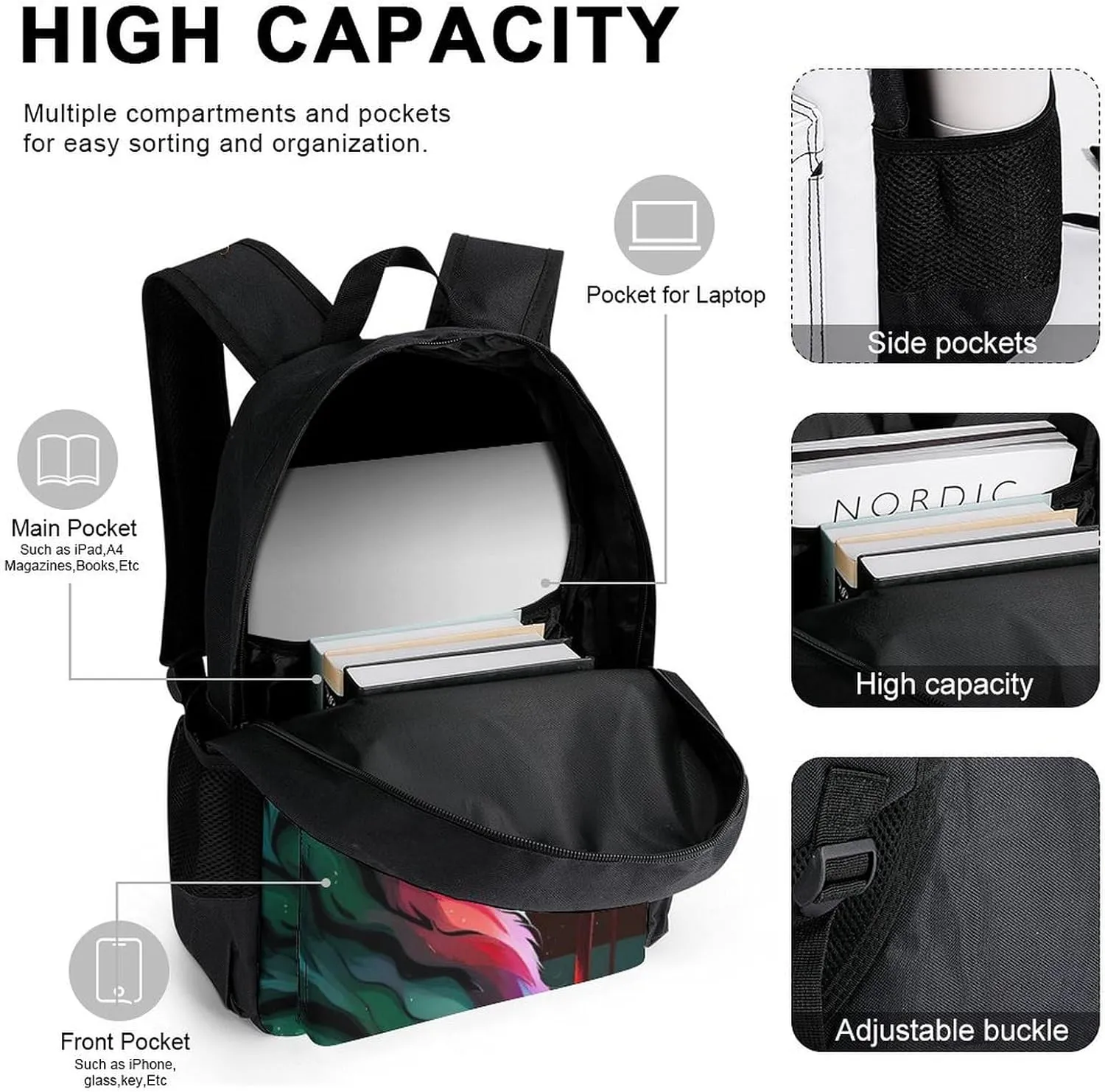 Supdreamc Travel Hiking Daypack 3 Piece Daypack Climbing Shoulder Bag Big Capacity Rucksacks Angry Tiger Rainbow Animal Magic Art Shoulder Book Bags for Men Women