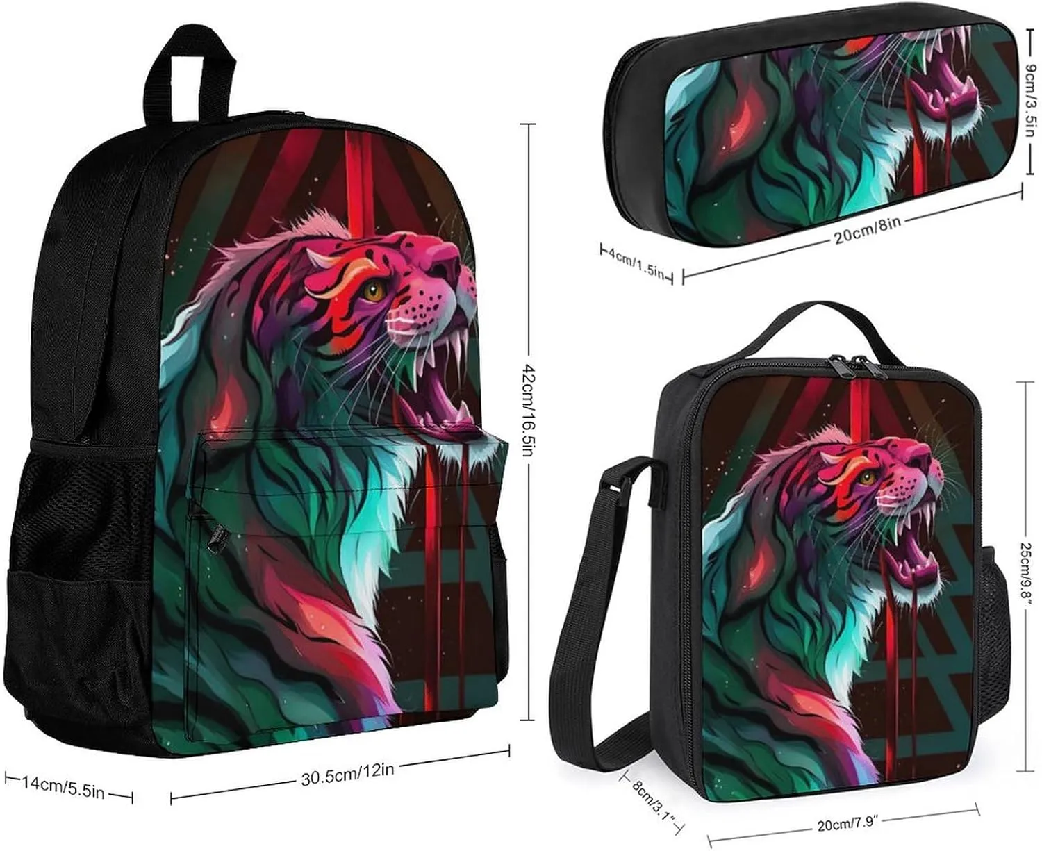 Supdreamc Travel Hiking Daypack 3 Piece Daypack Climbing Shoulder Bag Big Capacity Rucksacks Angry Tiger Rainbow Animal Magic Art Shoulder Book Bags for Men Women