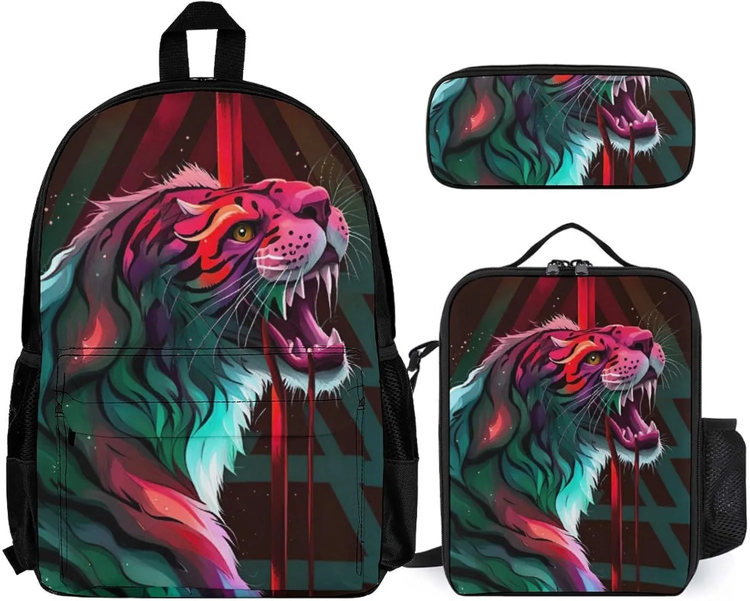 Supdreamc Travel Hiking Daypack 3 Piece Daypack Climbing Shoulder Bag Big Capacity Rucksacks Angry Tiger Rainbow Animal Magic Art Shoulder Book Bags for Men Women